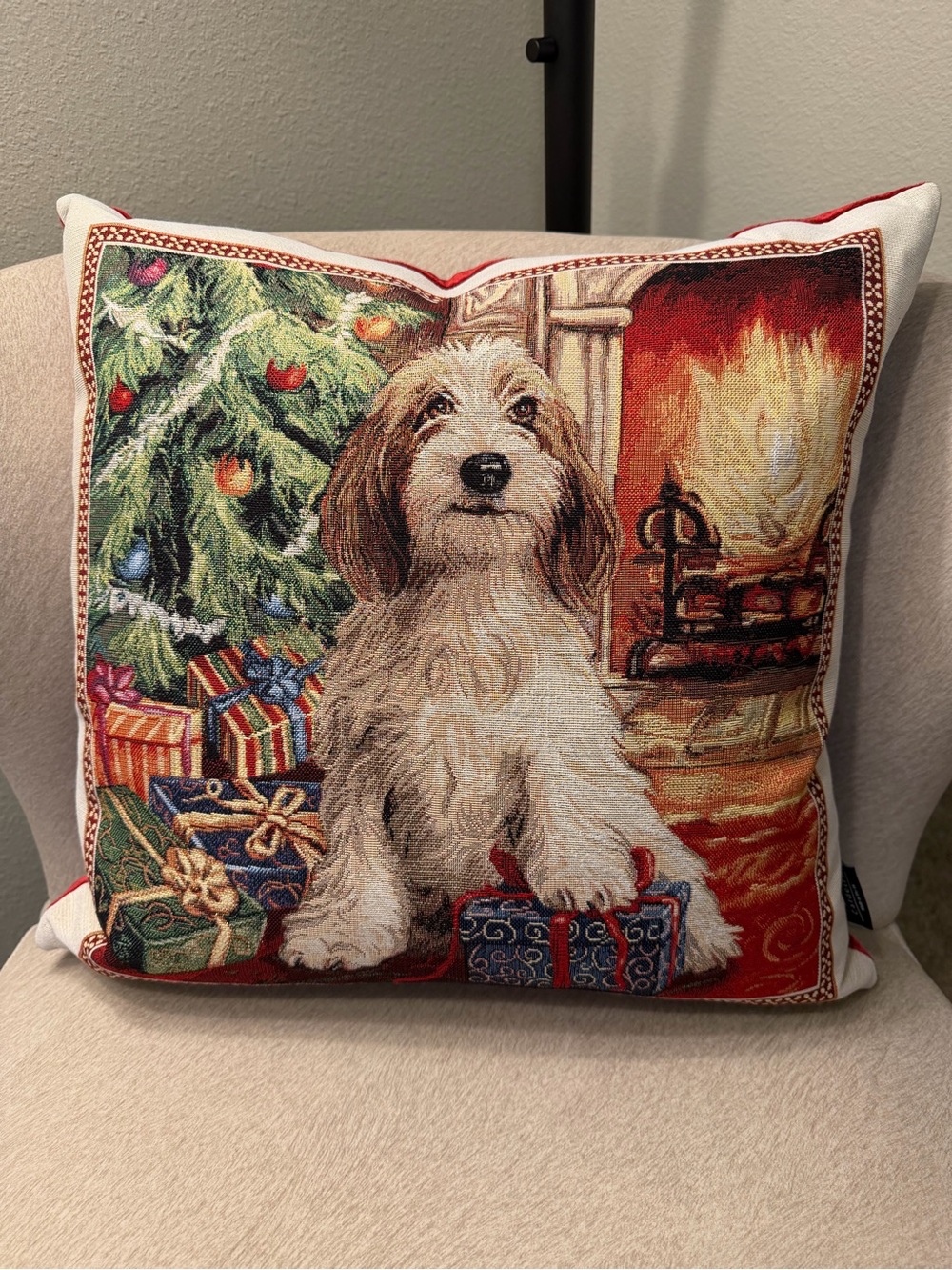 Holiday Dog Tapestry Throw Pillow Cover - Red & Green
